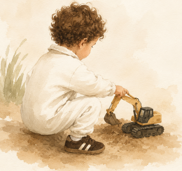 Aquarellillustration eines Kindes beim Spielen mit einem Bagger
